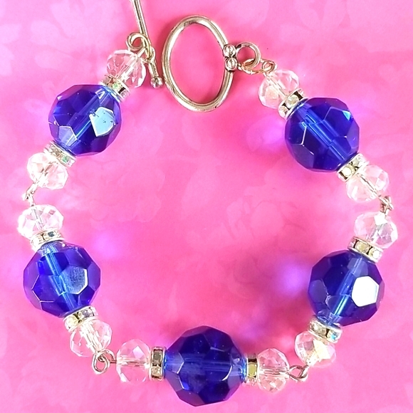 Hand Crafted Vintage Sapphire Crystal Rhinestone Bead Bracelet - Picture 9 of 16